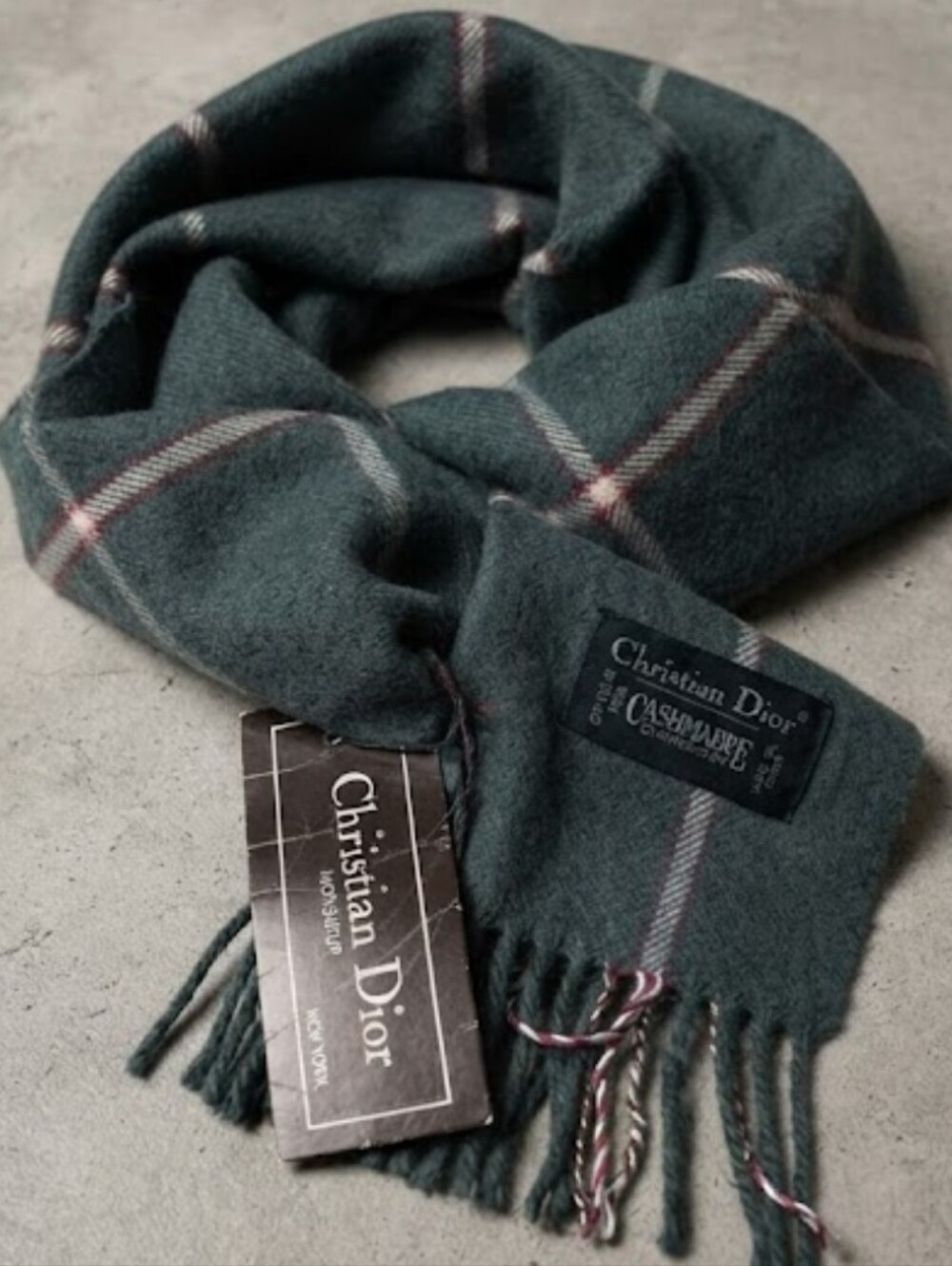 Dior Men’s Teal Plaid Cashmere Scarf with Pink Stripes